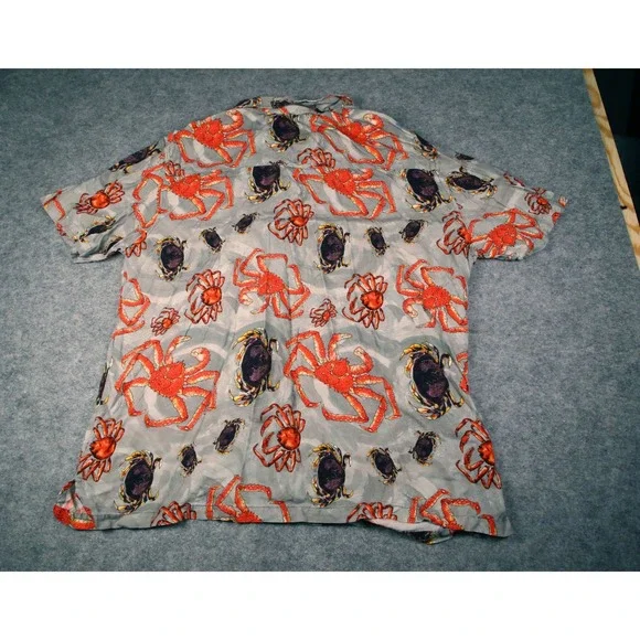 AK Aloha Co Mens XL King Crab Print Button Up Shirt Juneau Alaska Grey - Picture 2 of 7